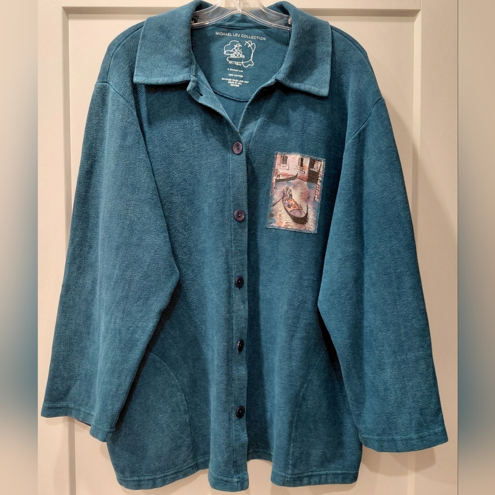Vtg Sz L Michael Leu Collection Womens Teal Shirt/Shacket 100% Cotton Pockets